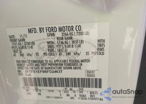 2011 Ford F-150 Lariat из США, поврежденный, VIN 1FTFX1EF9BFD24637